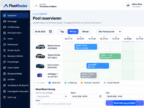 FleetSwiss-Poolreservierung mit Wochenkalender der Poolfahrzeuge und Formular für eine neue Reservierung